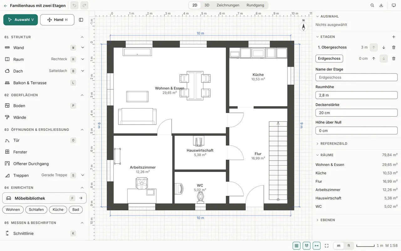 Der RoomPlanning-Editor mit dem Erdgeschoss eines Familienhauses: Wohnen und Essen, Küche, Flur, Arbeitszimmer, Hauswirtschaft und WC, mit Flächen und Maßen