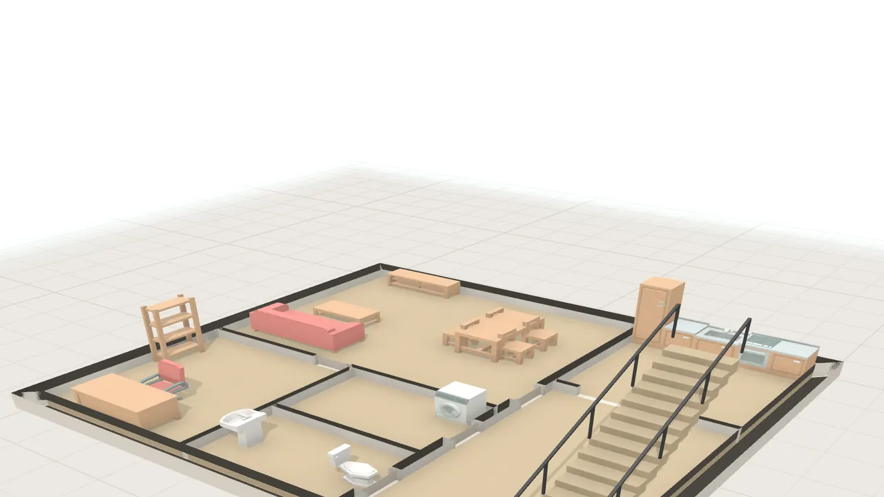 Dasselbe Erdgeschoss in 3D, mit niedrigen Wänden und Einrichtung
