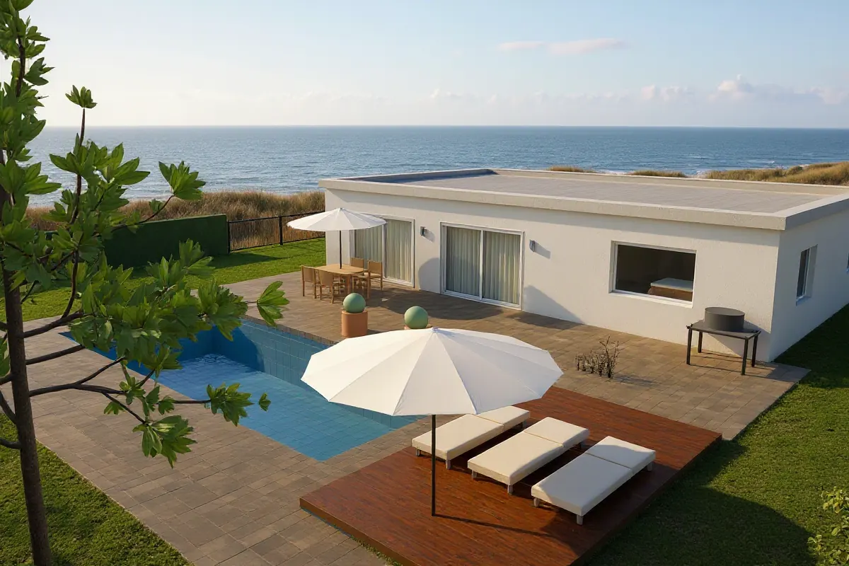 KI-Foto desselben Bungalows: Pool, Liegen und Sonnenschirm, dahinter Dünen und das Meer